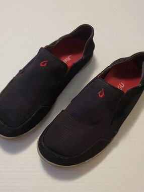 OluKai Nohea Mesh Men's Black Slip-On Casual Shoes with Red Accents Size 10